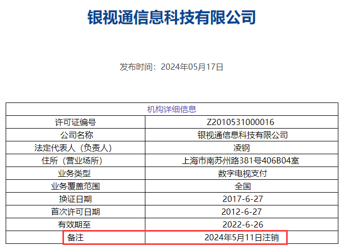 银视通信息科技有限公司支付牌照注销